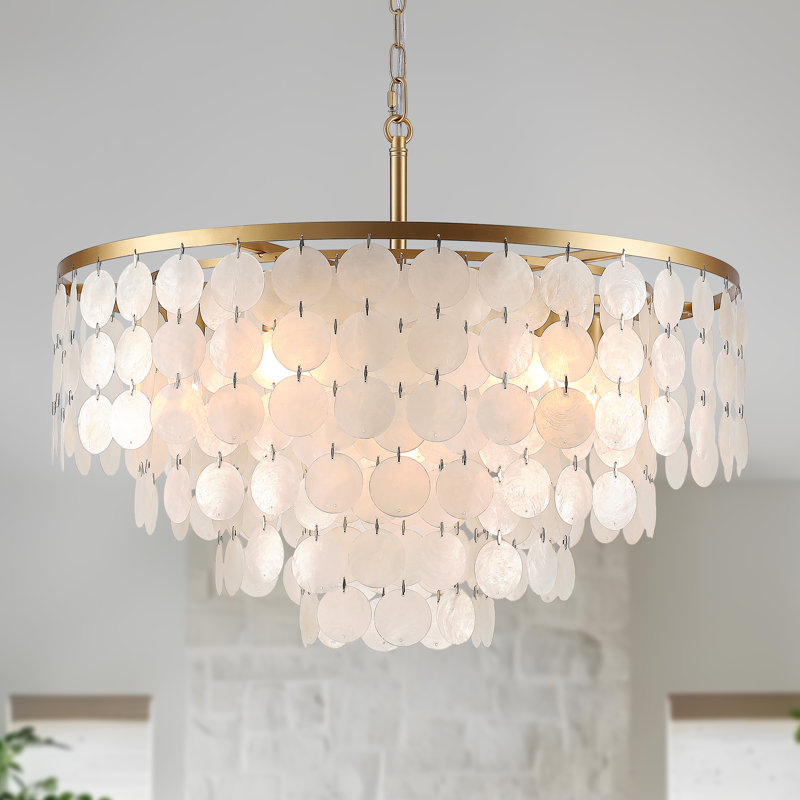 Lustre à niveaux variable moderne en forme de coquillage doré à 6 lumières Capiz, Doré, H 14,96 po x l 24,21 po x P 24,21 po