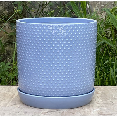 Dotted Cylinder Planter with Attached Saucer Medium Glazed Ceramic Pot (Case of 2) - Mahesh Outdoor