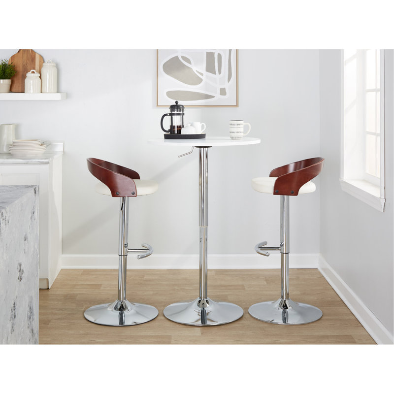 Tabouret réglable avec pivot en métal chromé, bois d'acajou et similicuir blanc avec repose-pieds arrondi en T - ensemble de 3