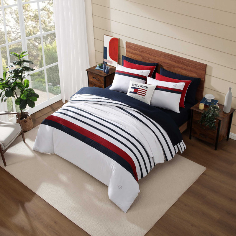Ensemble d'édredon réversible en coton Tommy Hilfiger, Édredon pour grand lit + 2 taies décoratives