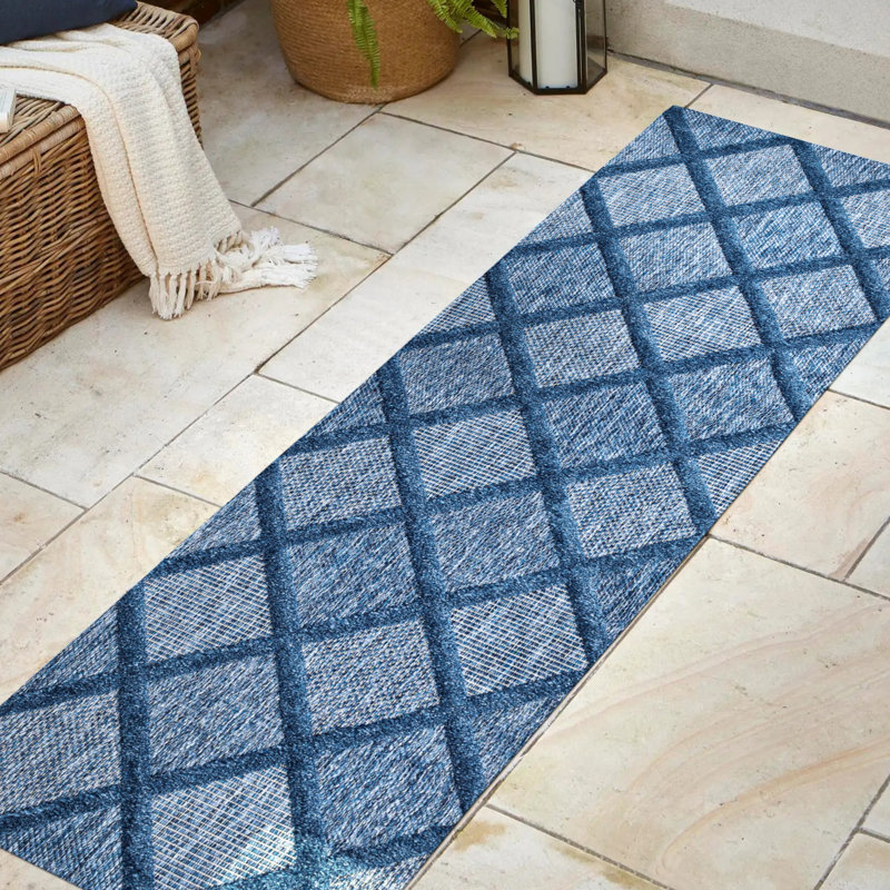 Tapis intérieur / extérieur bleu Briano Diamond Trellis, Tapis de couloir 2 pi 2 po x 8 pi