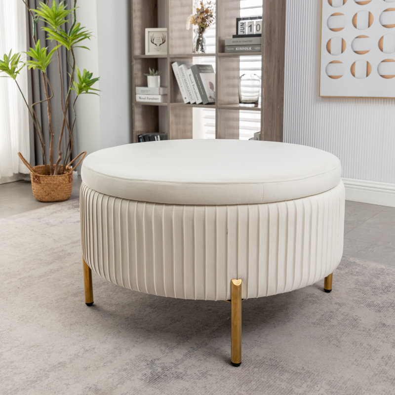 Mariantonietta Upholstered Round Storage Ottoman, Beige Velvet