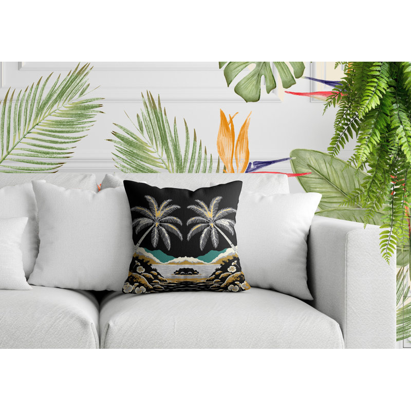 Oreiller carré réversible intérieur / extérieur Groove Palm, Noir, Carré 15 po