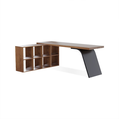 Nut-brown+Black L-Shaped Solid Wood+Iron desk