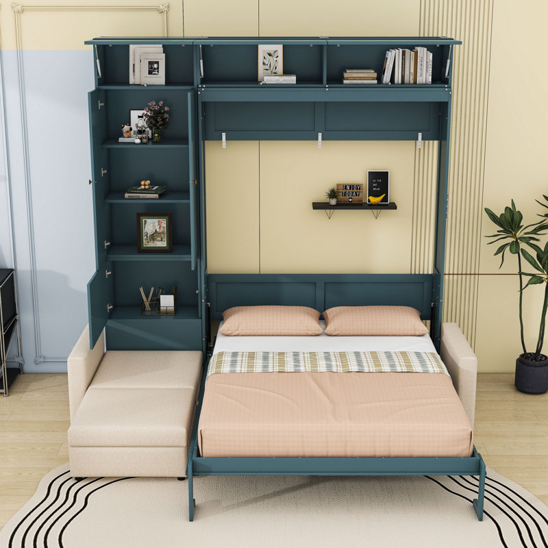 Grand lit escamotable en bois avec canapé en L et tablettes, Beige