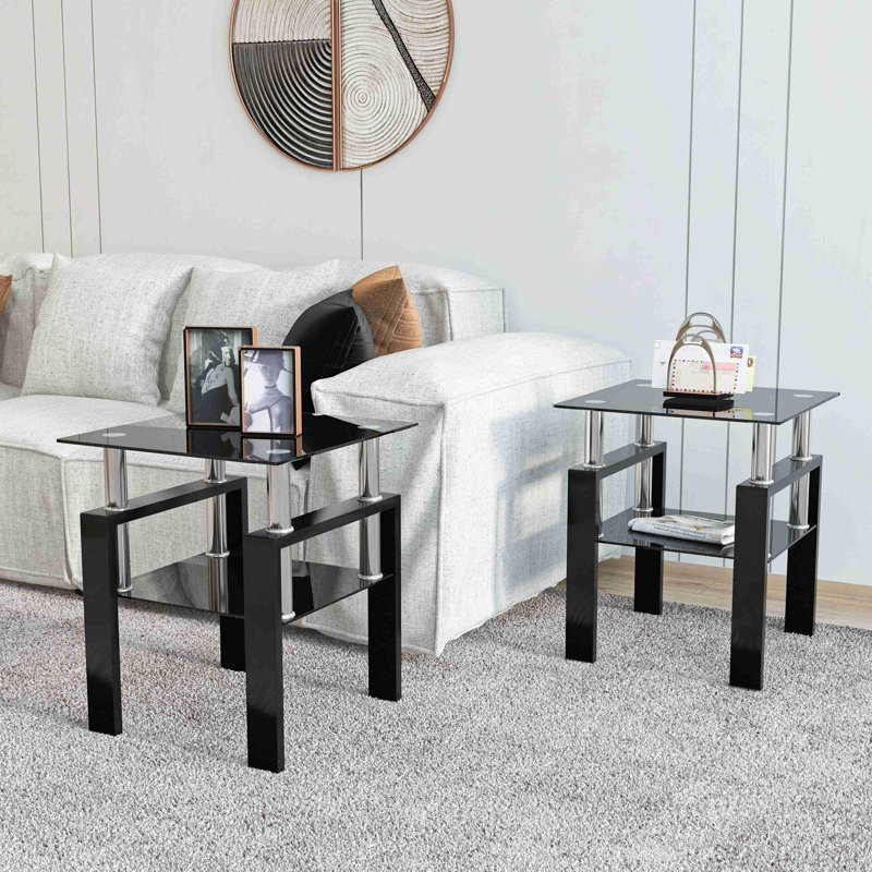 Table d'appoint moderne de haute qualité en verre trempé de haute qualité (ensemble de deux), Noir