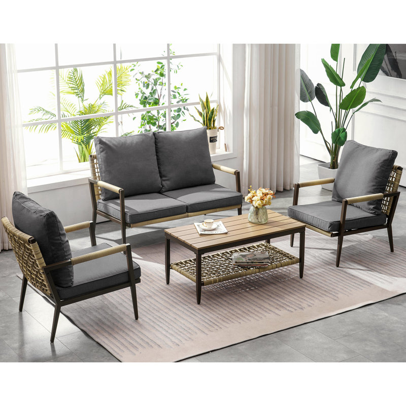 Wicker Outdoor Conversation Set with Metal Frame, Coffee Table and Dust Cover, Gray