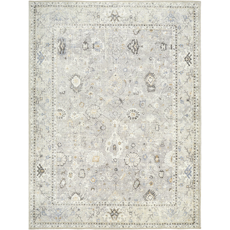 Grey Traditional Rug, Bordered Floral Easy to Clean Rug For Living Room, Dining Room, Bedroom, Kitchen