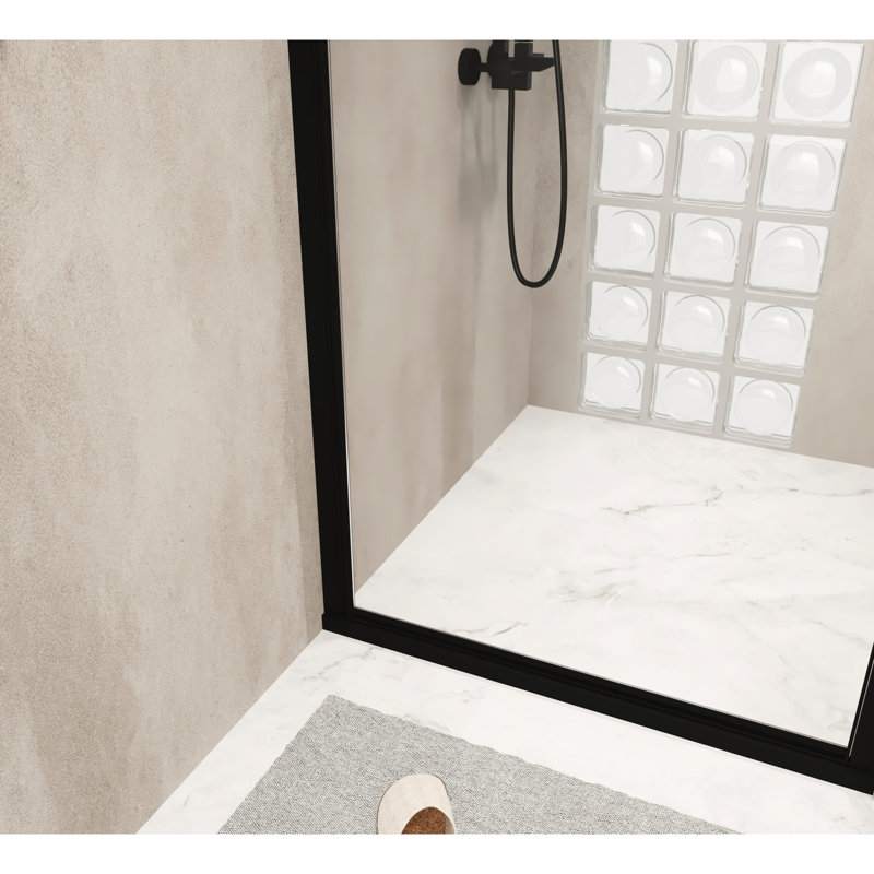 Porte de douche pivotante 34 po x 72 po avec verre trempé de 6 mm, cadre en aluminium noir et solution de conception pivotante peu encombrante