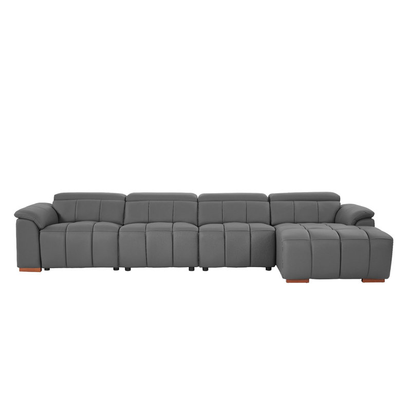 4 Seats Wall-Hugger Reclining Sofa Modern Electric Control Genuine Leather L Shaped Couch,Lounge Seat Theater Seating Furniture With USB Port, Sofa With Headrest & Footrest For Living Room,Apartment