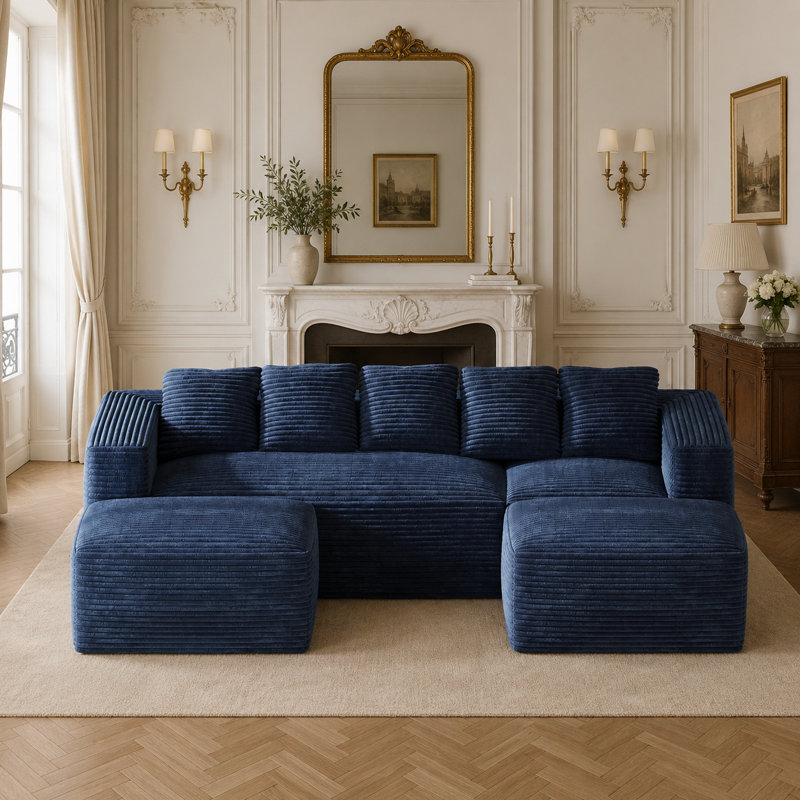 Canapé d'angle modulaire en velours côtelé en forme de U de 105 pouces avec deux poufs, Blue Corduroy
