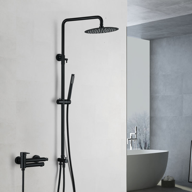 Adjustable Height 33.46-47.24” Complete Shower System, Solid Brass Shower Faucet Set with Tub Spout, Matte Black