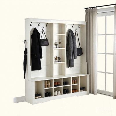 Hall Tree With Bench And Shoe Storage, 3-In-1Entryway Bench With Coat Rack, Hall Tree Withadjustable Shoe Storage And Hanging Hooks