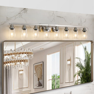 Luminaire de meuble-lavabo moderne 8 lumières 51 po - Finition nickel brossé avec abat-jour en verre transparent, parfait pour l'éclairage de la salle de bain, du meuble-lavabo et du vestiaire (ampoules non incluses)