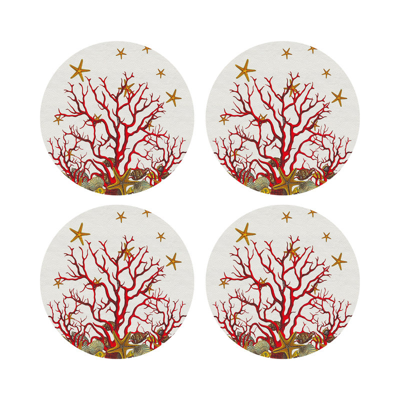 Coral Reef Vegan Leather Round Coasters, White Red
