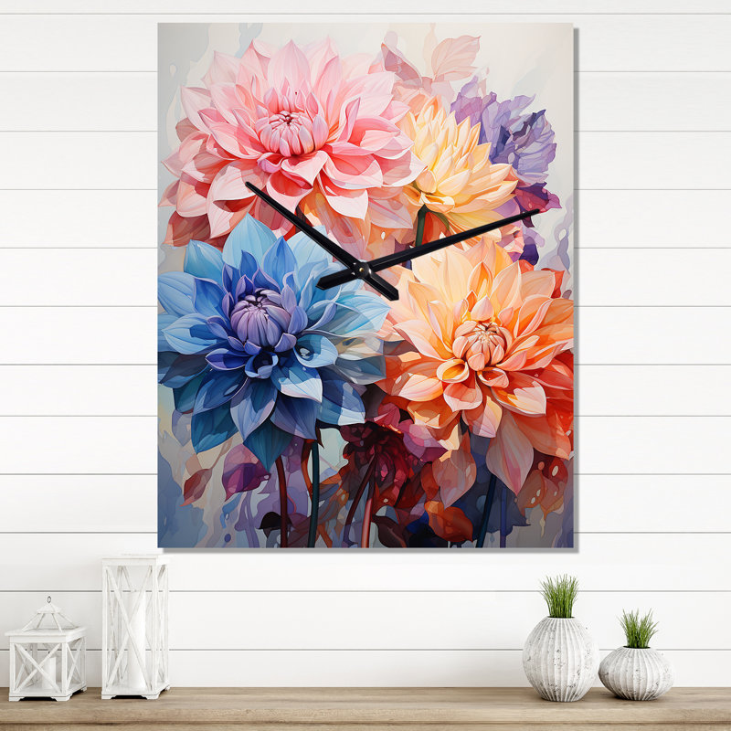 Dahlia Representation Multicoloured Acrylic I - Floral Wall Clock, 32" H x 24" W x 1" D