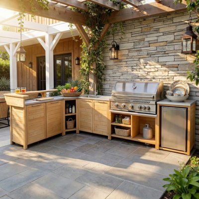 Ensemble de cuisine extérieure en cèdre en forme de U, 6 pièces, avec évier, espace barbecue, rangement et bar, naturel