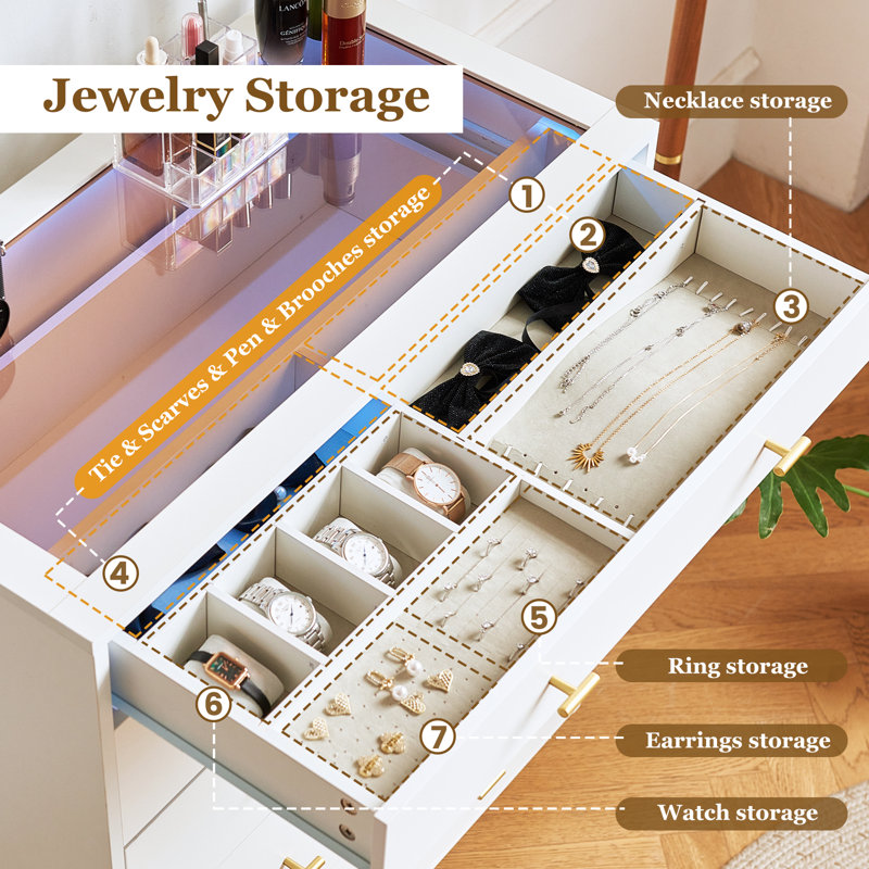 30.7"W 5 Drawer Dresser with LED Lights, 39"H Tall Chest Of Drawers For Bedroom & Wardrobe Closet Island With Tempered Glass Top & Jewelry Dresser & Glass Dresser, White
