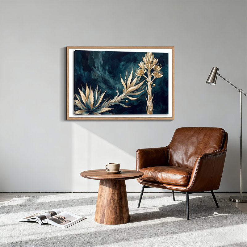Art mural bleu sarcelle et plante d'agave avec tige en fleurs, H 24 po x l 36 po