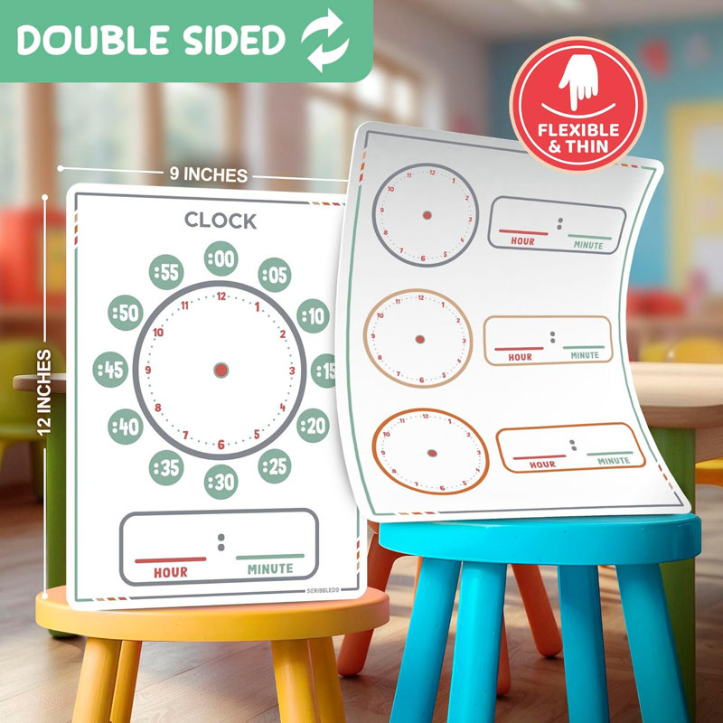 Scribbledo 10 Pack Telling Time Teaching Clock For Kids 9”x12”