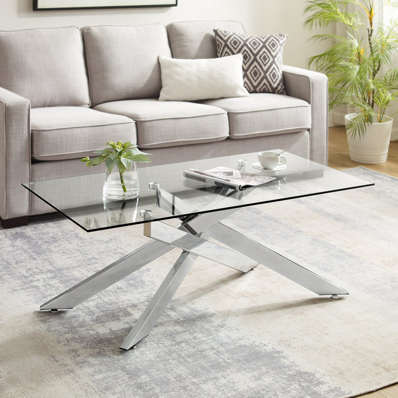 Table basse rectangulaire avec plateau en verre, Argent argent