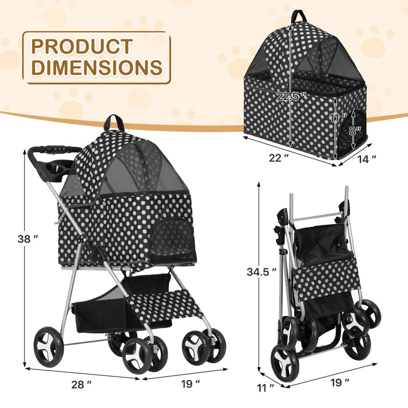 Black and White Polka Dot Foldable Pet Stroller with Steel Frame