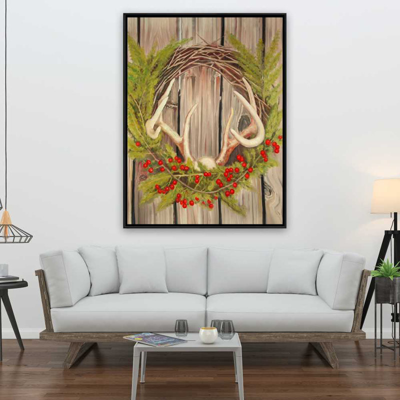 Couronne de Noël avec panache | Décoration de cuisine sur toile botanique, H 49,25 po x l 37,25 po