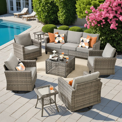 Wicker Patio Furniture 8-Piece Set, Rattan Guest Sofa Rocking + Rocking Swivel Chair Combination, Weather-Resistant And Durable Leisure Set by Latitude Run
