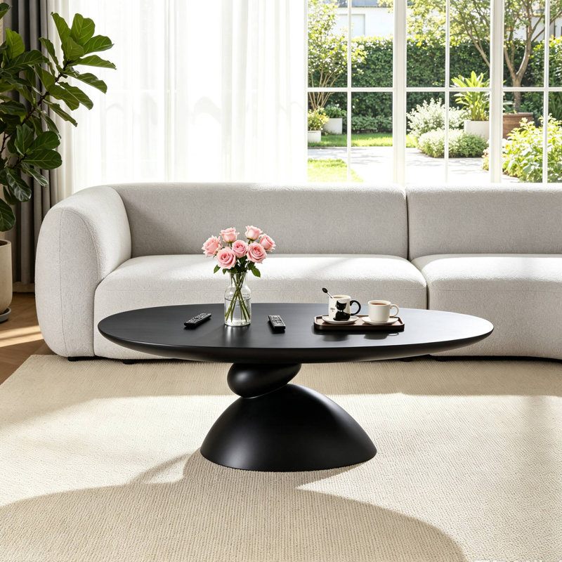 Table basse ovale moderne, base à galets en fibre de verre 47,27 po, Noir mat