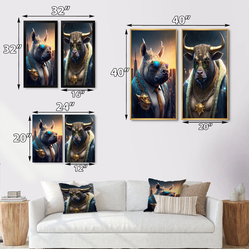 «Rhino Gangster In NYC», 2 pièces sur toile, Encadrement brun, H 20 po x l 24 po