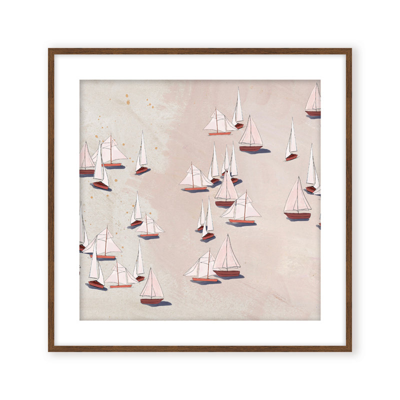 Coastal Retreat Modern Ensemble: Sailboat Odyssey, Beige, Framed Matted Print, 24" H x 24" W