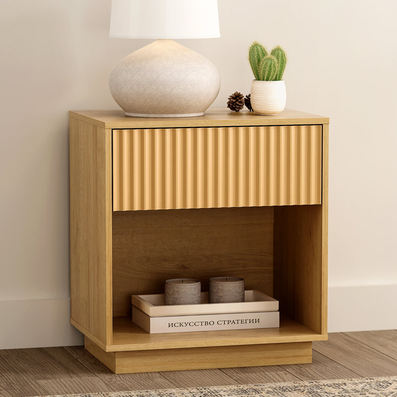 Table de chevet en bois avec 1 tiroir et casier ouvert - Rangement de chevet compact, Individuel, Chêne