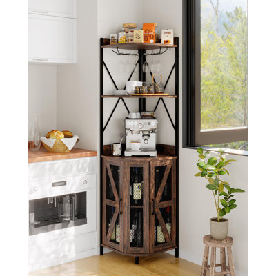Armoire à vin de coin à 4 niveaux avec lumières DEL et porte-verre - Organisateur de rangement de vin autoportant en MDF