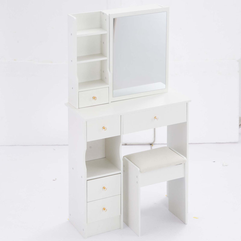 29.2" Small Space Left Drawer Desktop Vanity Table + Cushioned Stool, Extra Large Right Sliding Mirror, Multi Layer High Capacity Storage, Practical Fashionable Dresser, Suitable For Small Space