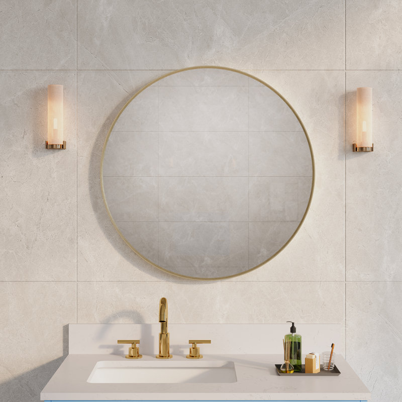 Miroir de salle de bain mural moderne en aluminium anodisé, 28 po x 28 po, Or brossé, Rond