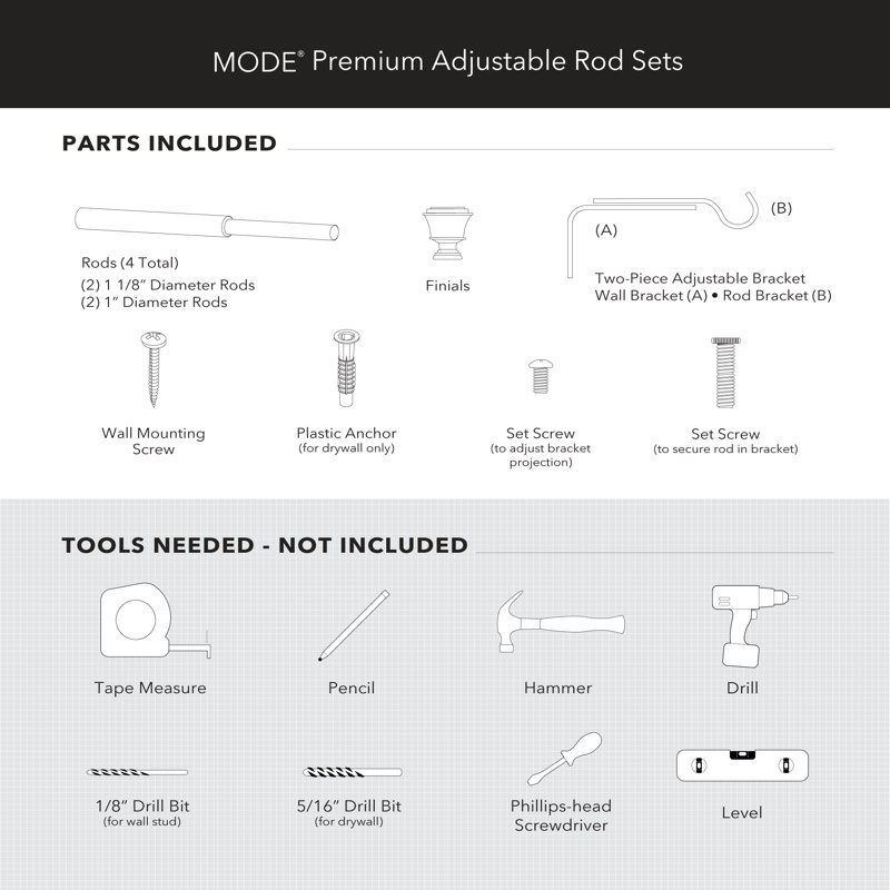 Mode Premium Collection 1 1/8 in Diameter Curtain Rod, Cylinder Finials and Steel Wall Mounted Adjustable Rod