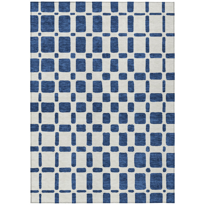 Tapis intérieur / extérieur géométrique lavable 9 pi x 12 pi bleu marine et ivoire