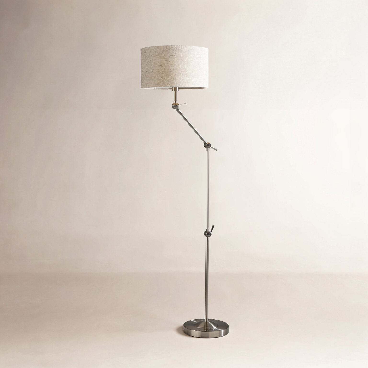 65.25'' Dimmable Swing Arm Floor Lamp, Brushed Steel, Light Taupe Textured Fabric