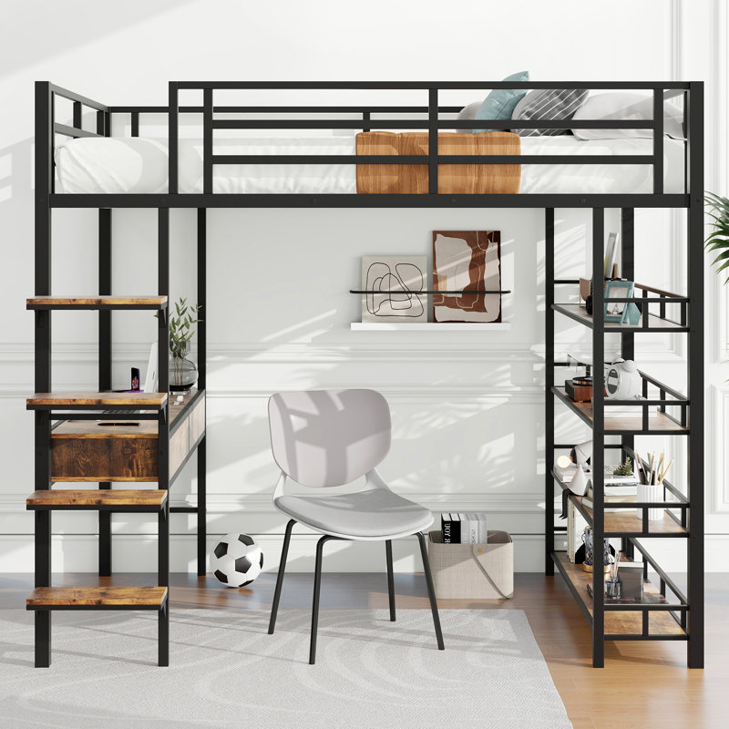 Lit mezzanine avec bureau et tablettes, noir, Lit double