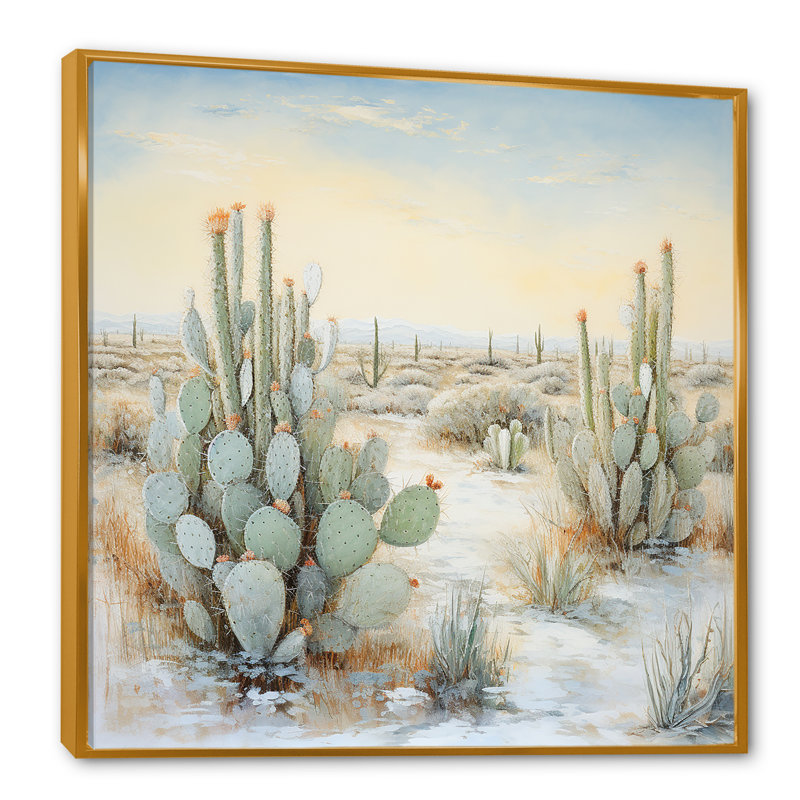 Cactus Charm In Winter I - Cactus Wall Art Living Room, H 16 po x l 16 po x P 1 po, Cadre flottant doré