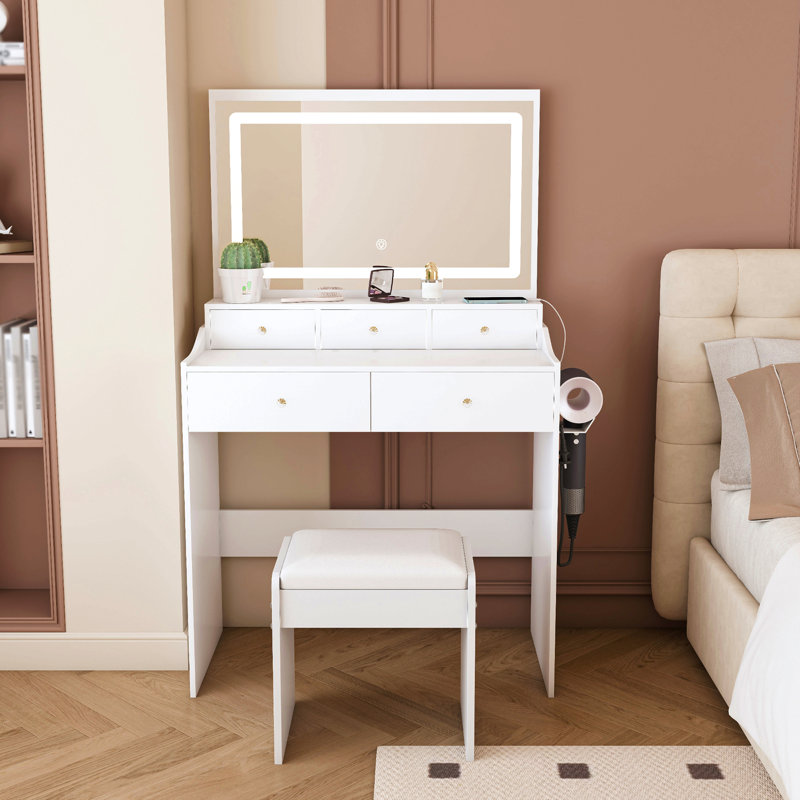 New Large Mirror Vanity Desk For Bed Room  , Modern Makeup Vanity Set With Power Outlet And Hair Dryer Holder, 5 Drawers , 3 Lighting Color Adjustable Dressing Table For Bedroom, White Color