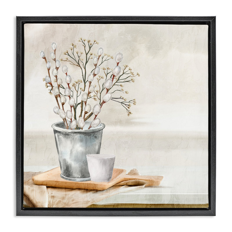 Art mural sur toile flottant, "Pussy Willow Still Life" par Ann Bailey, Cadre flottant noir de jais, H 18 po x l 18 po