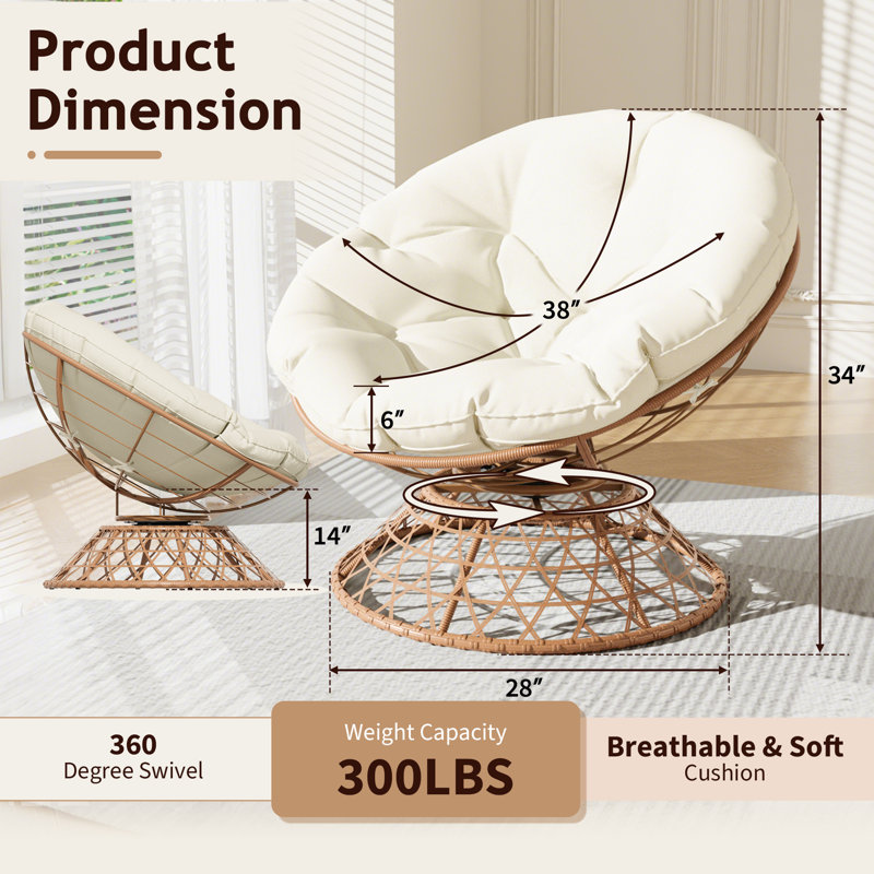 Ahlexus 360° Swivel Wicker Outdoor Lounge Chair with Cushions, Beige