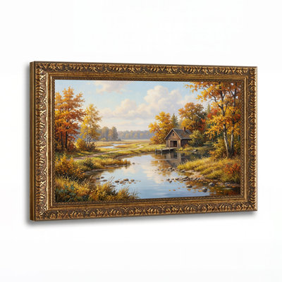 Autumn Cabin by River with Golden Trees Canvas Wall Art