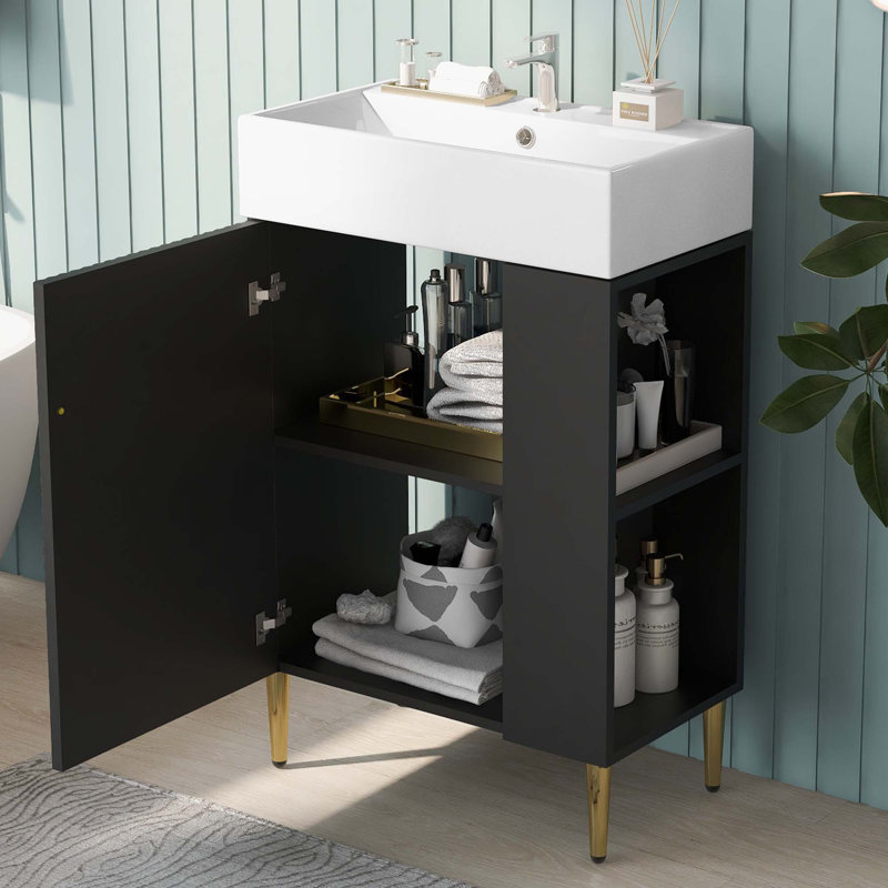 Meuble-lavabo 21,6 po avec lavabo simple en céramique, rangement sur le côté droit, Noir