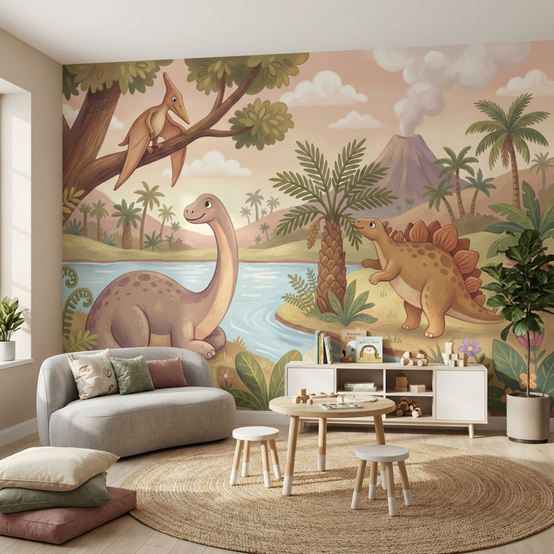 Papier peint dinosaure paysage volcanique, 100 po x 96 po, Non tissé non collé