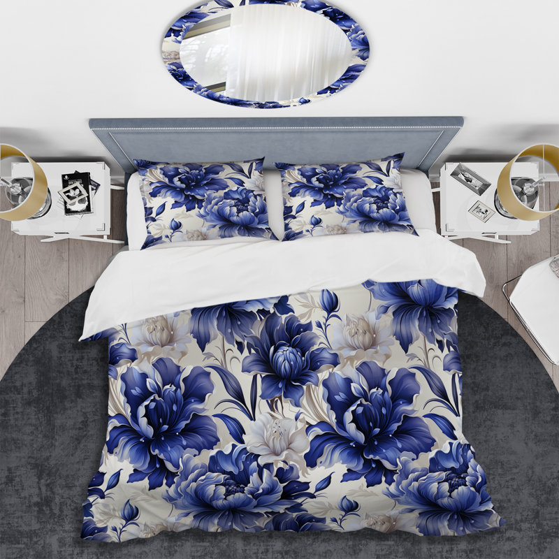 Ensemble de housse de couette à motif damassé victorien bleu cobalt, Housse de couette pour grand lit et 2 taies décor