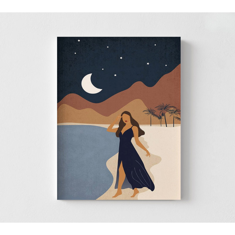 Illustration féminine, impression de l'affiche de la lune, plage, décoration de chambre à coucher bohémienne