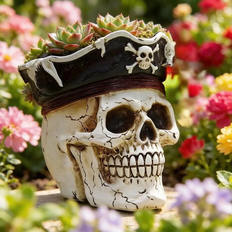 Pot de fleurs de crâne de pirate peint à la main, pot de fleurs gothique avec drainage, petit pot de fleur de squelette unique pour l'intérieur / extérieur, décor de jardin universitaire goth horreur foncé
