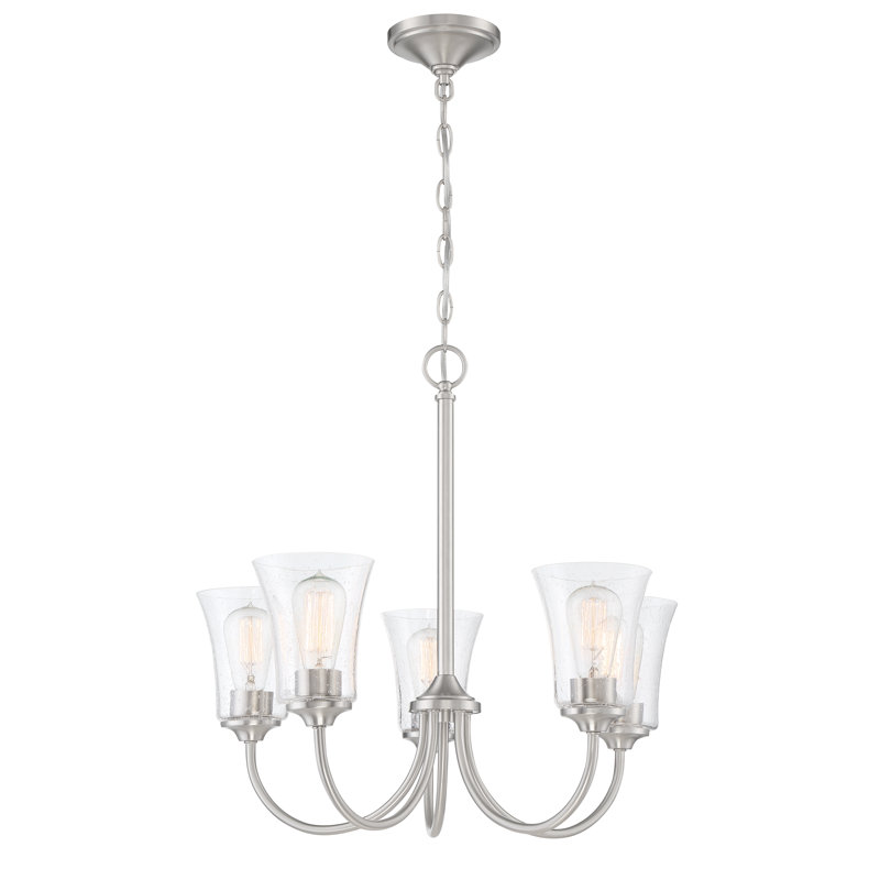 Lustre classique / traditionnel à 5 lumières de style bougie Pembe, Nickel poli brossé, Martelée transparente